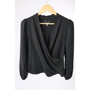 Aqua Long Sleeve faux Wrap V-Neck Crepe Blouse Black M